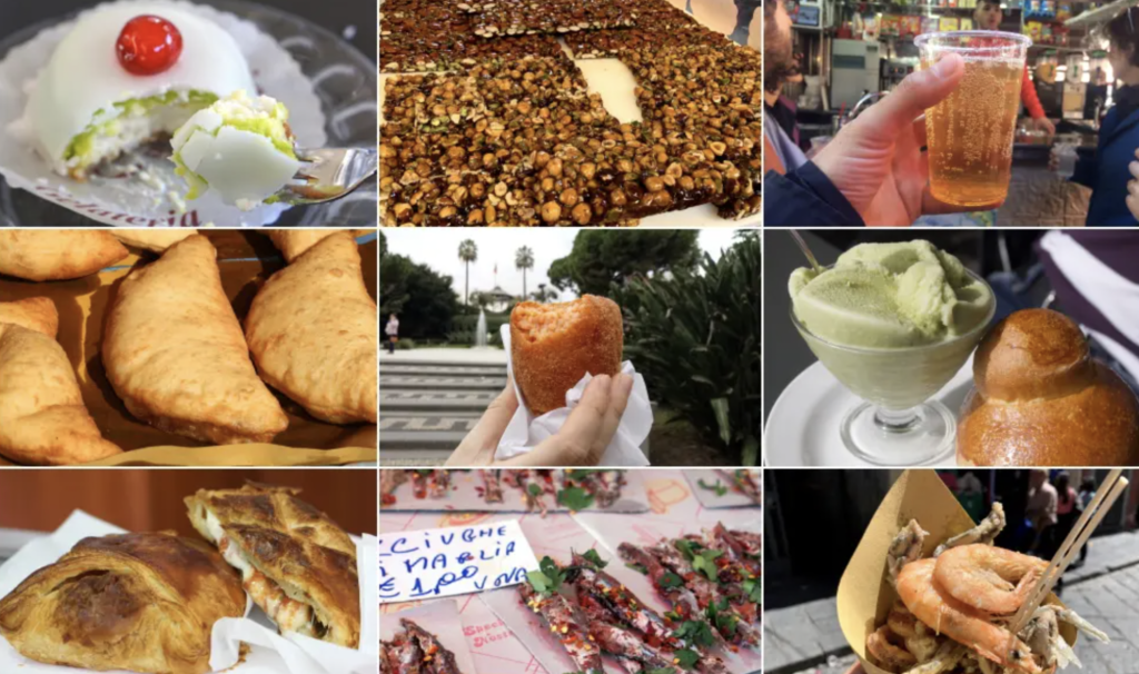 Some of the street food gastronomic offers in Catania: arancino, seltz limone e sale, granita 'cca brioscia, cipollina, siciliana, cassata, torrone... ®streaty.com